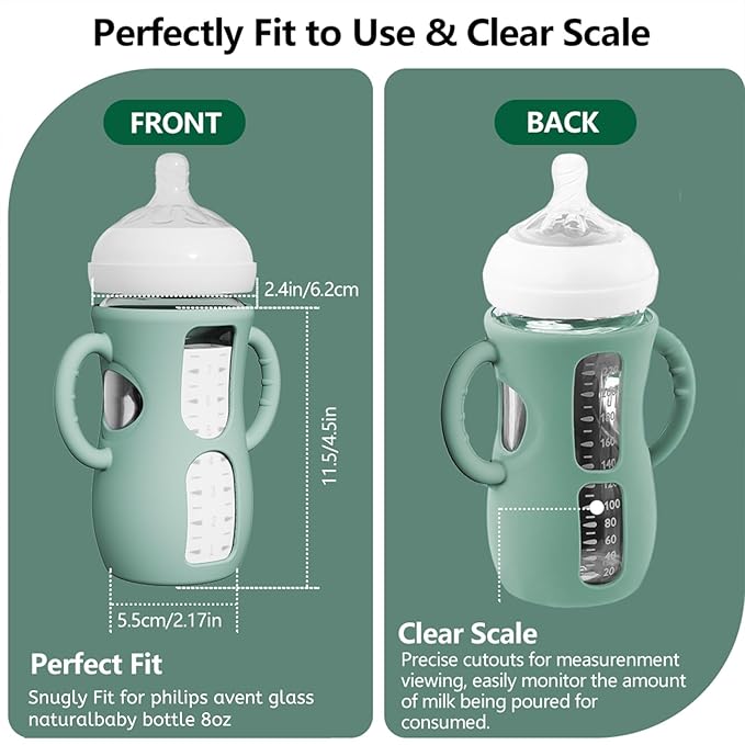 2 Pack Silicone Sleeves for Avent Natural Glass Bottles, Anti Breakage Baby Bottle Protector with Easy-Grip Handle, Compatible with Philips Avent Glass Natural Bottle 8 oz, Not for Infant Use