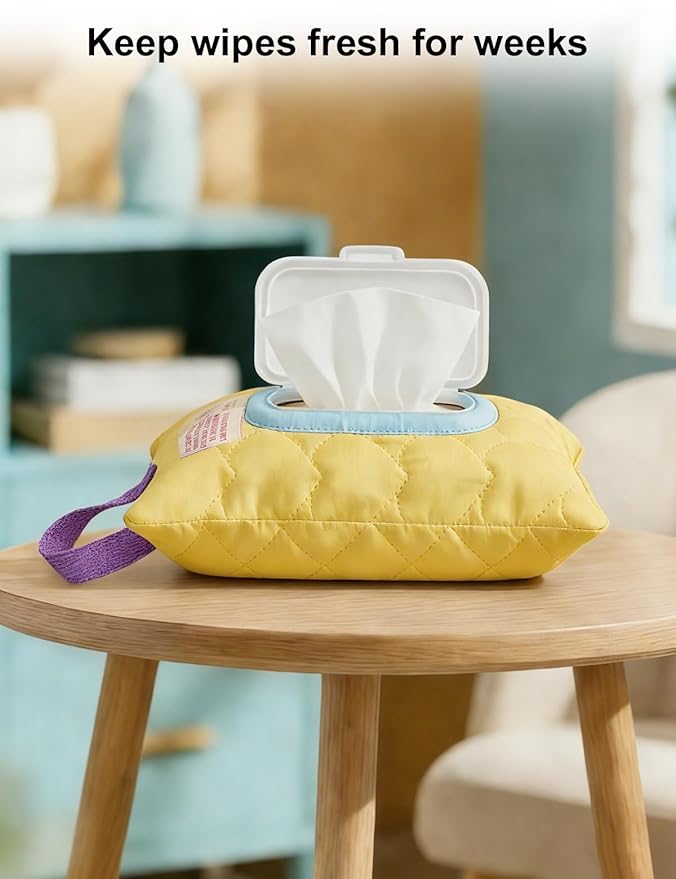 Reusable Baby Wipe Cover Fabric Quilted, Universal Size Travel-Friendly Baby Wipes Bag with Zipper Compatible with HUGGIES,WaterWipes,Pampers,Johnson and More Brands (Yellow)