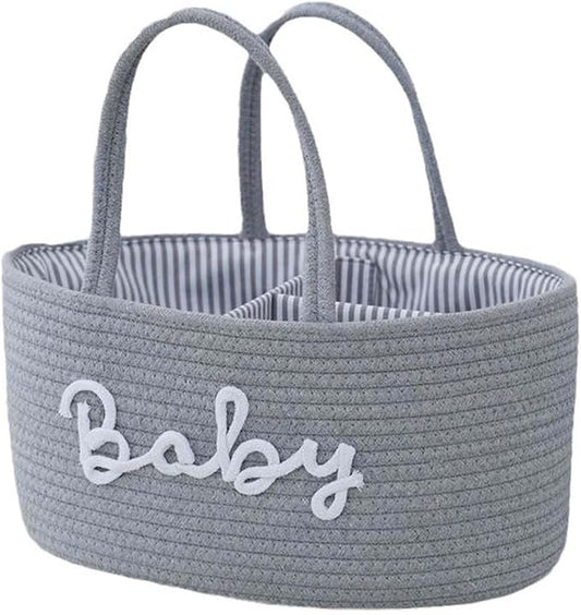 Diaper Caddy Organizer for Changing Table, Cotton Rope Baby Storage Basket for Diaper Wipes, Car Caddy Organizer, Nursery Diaper Organizer With Divider, Portable Diaper Storage -Light Grey