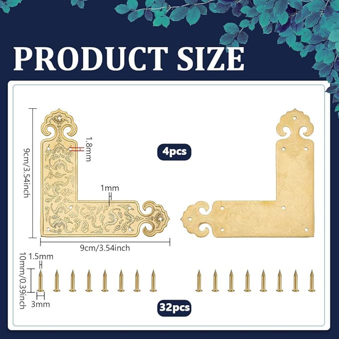 PH PandaHall 4pcs Embossing Decorative Corner Protectors 3.5x3.5inch L-Shape Guard Edge Cover Gold Flat Trim with Screws for Classical Furniture Tables Box Cabinet Chairs Cabinet Jewellery Boxes Cases