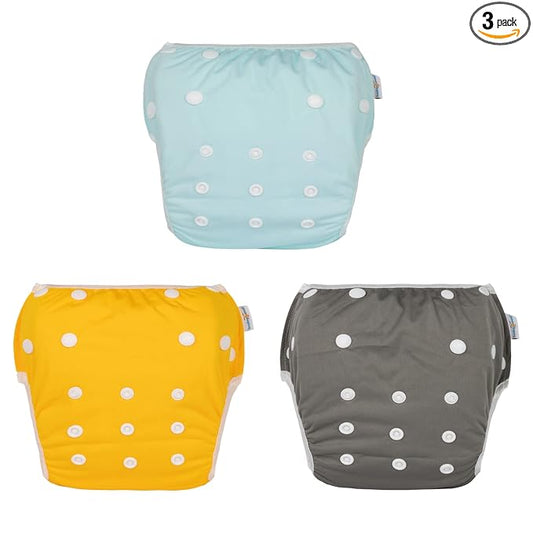 Babygoal Neutral Baby Swim Diapers 3 Pack for 0-8 Months Infant Girls and Boys, Reusable Adjustable Washable for Swimming Lessons-Blue,Yellow,Grey