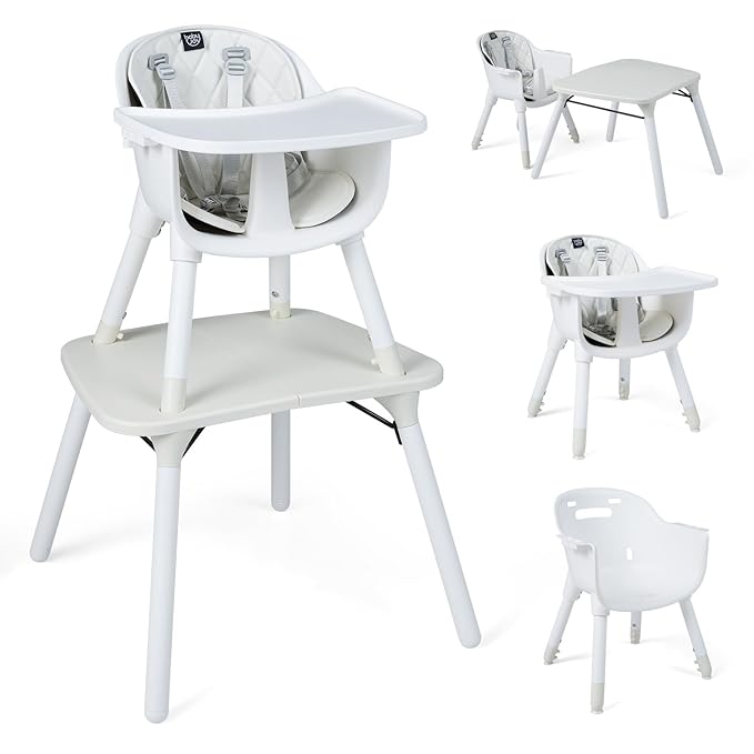 HONEY JOY 5-in-1 High Chair, Convertible Highchair for Babies and Toddlers/Kids Chair Table Set/Infant Feeding Chair w/Safety Harness, PU Leather Cushion & Removable Food Tray (White)