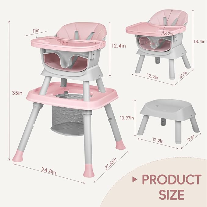 8-in-1 High Chair for Babies and Toddlers, Converts to Dining Booster Seat, Kids Table & Chair Set, Building Block Table, Kids Learning Table, Double Removable Tray, Pink