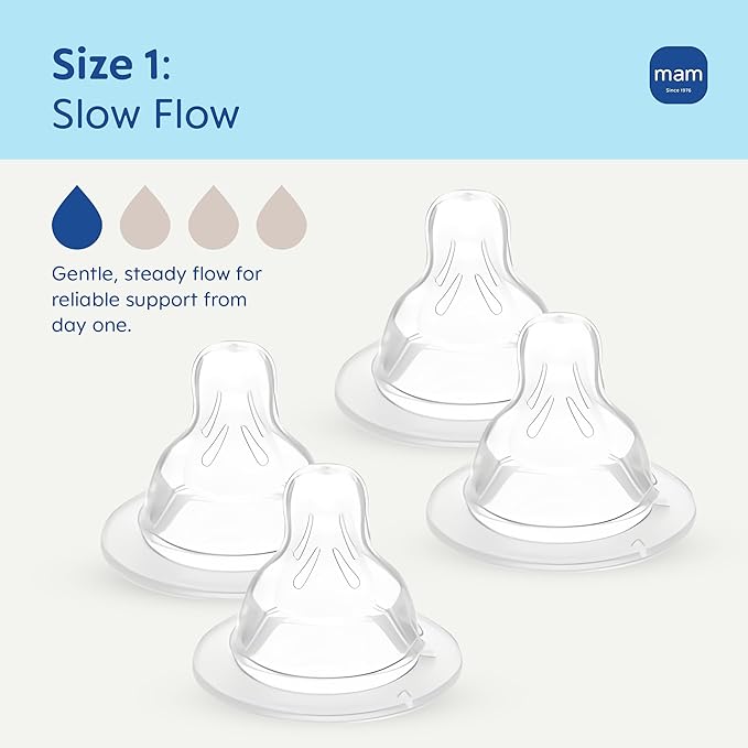 MAM Baby Bottle Nipples Slow Flow Size 1, for 0+ Month Newborn Babies, Skin Soft BPA Free Silicone, 94% Nipple Acceptance, Fits All MAM Bottles, Developed with Medical Experts, 4 Pack, Made in Europe