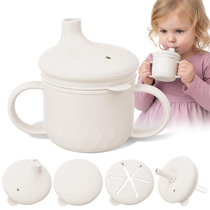 8 oz 3 in 1 Silicone Baby Sippy Cups & Snack Cups with Lid Straw for Toddlers 1-3 Spill Proof Stainless Steel Snack Containers Food Catcher for Baby Toddler Drinking Training(Beige)