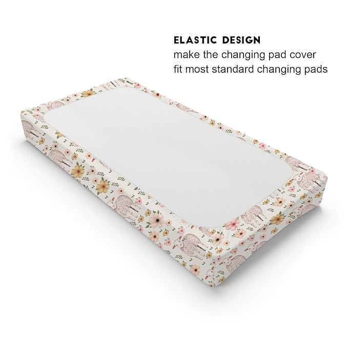 Cute Lambs Boho Retro Flowers Changing Pad Covers Lovely Sheep Floral Diaper Change Table Cover for Baby Boys Girls Soft Breathable Stretch Snug Fitted Changing Mat Sheets 32''x16''