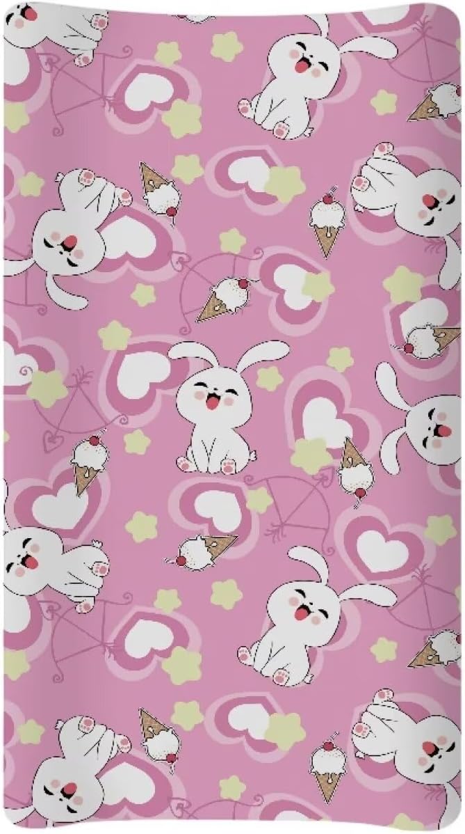 Rabbit Heart Valentine Changing Pad Cover Waterproof Lightweight Nursery Pad Change Cover for Baby Durable Stretchy Diaper Changing Mat Cover