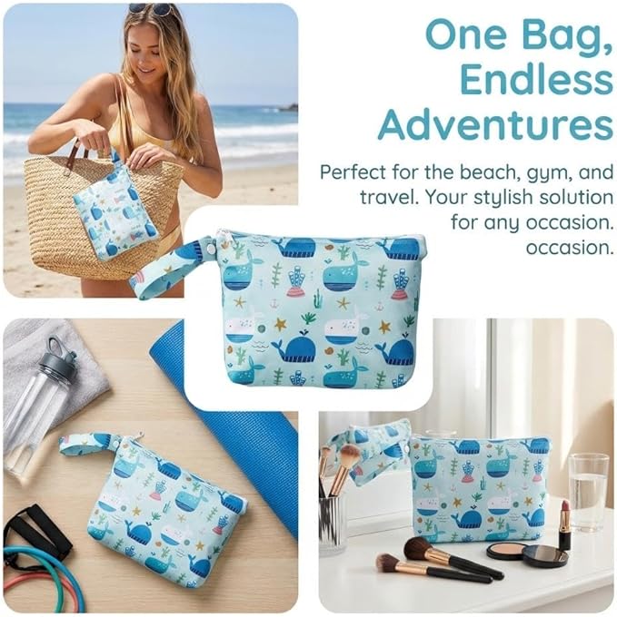 Waterproof Wet Bag with Wrist Strap, Reusable Zippered Pouch for Beach, Swim & Travel, Compact Cosmetic Toiletry Organizer Bag, 7.9 * 9.5 * 2 inches