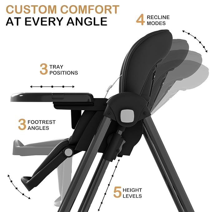 3-in-1 High Chairs for Babies and Toddlers, Foldable Baby High Chair with Rocking Mode, 5 Height Levels, Adjustable Backrest & Footrest, Lockable Wheels (Black)