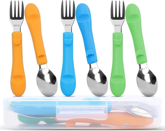 Bakpoco 6PCS Toddler Utensils, 316 Stainless Steel Baby Safe Forks + Spoons with Silicone Handle, BPA Free Dishwasher Safe Kids Silverware Cutlery with Box, Bright Orange/Blue/Green