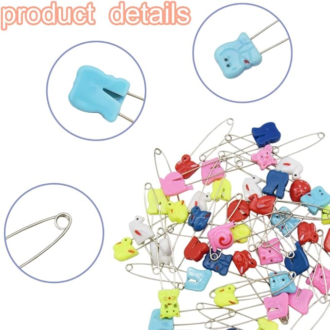 30 PCS Safety Pin Diaper Pin Stainless Steel Cloth Pins Plastic Head Cloth Diaper Pins with Locking Closures，Colour Random 54MM/2.2 Inch（Colour/Animals）