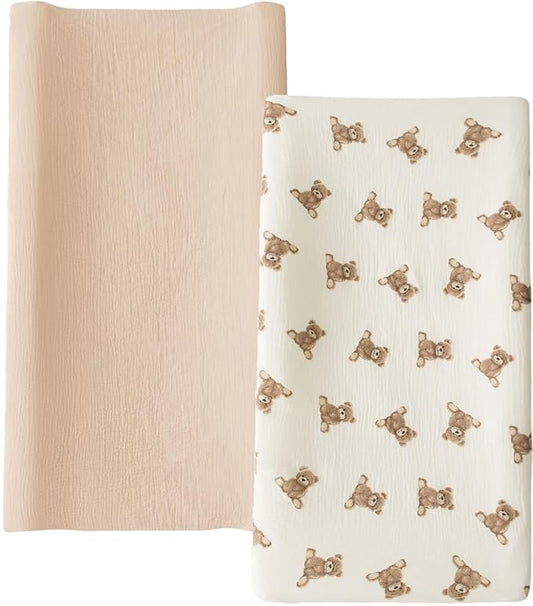 Little Jump Muslin Changing Pad Cover for Baby Girls Boys, 100% Cotton Soft Breathable Changing Table Covers, Baby Diaper Change Table Pad Cover, 2 Pack (Teddy Bears & Khaki)