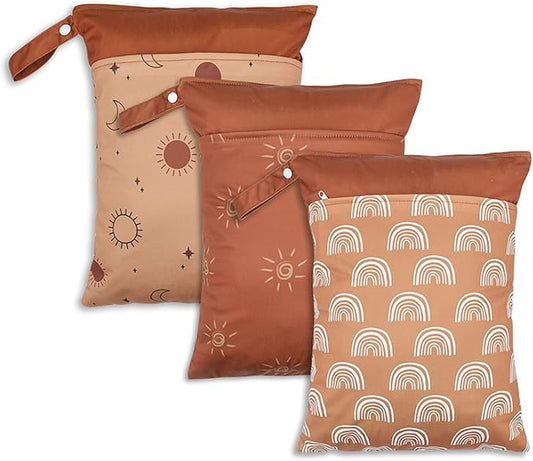 3 Pack Wet Dry Bags for Baby Diapers&Breast Pump Parts, Waterproof Reusable Wet Bag with Two Zippered Pockets & Handle, Beach Pool Gym Bag Stroller Yoga Toiletries Daycare Organizer, 11.8" x 15.7"