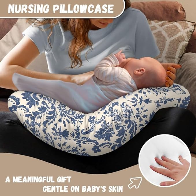Blue Damask Floral Stretchy Nursing Pillow Covers Blue White Porcelain Floral Soft Snug Fits On Infant Nursing Pillow, Chinoiserie Pattern Newborn Feeding Pillow Case