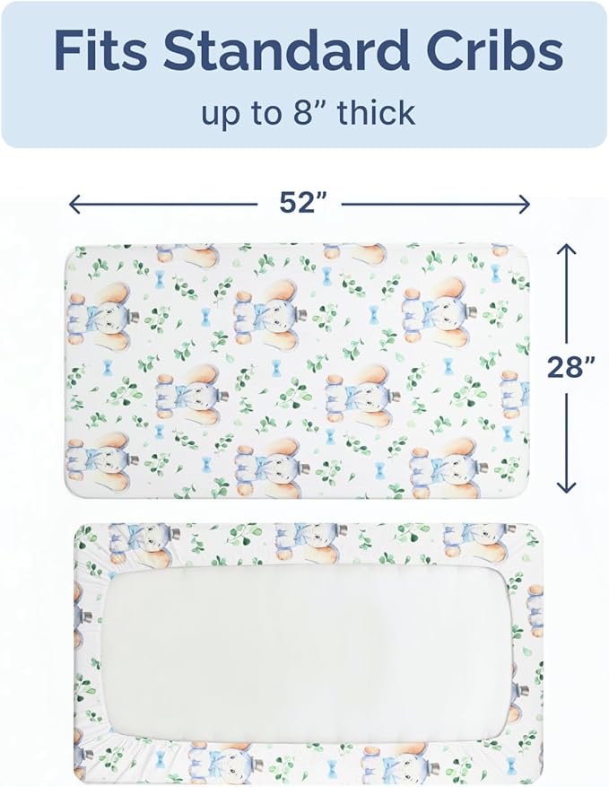 Baby Crib Sheets for Boys & Girls - Pack of 2 Fitted Microfiber Crib Sheets for Standard Crib & Toddler Mattress - Soft, Breathable & Wrinkle Free - Machine Washable, Oeko Tex - 52x28x8in - Elephant