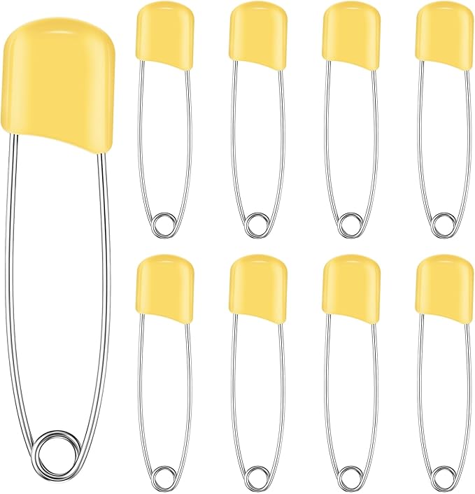 WILLBOND 8 Pcs Safety Pins 2.2 Inch Plastic Head Cloth Pins with Locking Closures Stainless Steel with Velvet Bag, Yellow