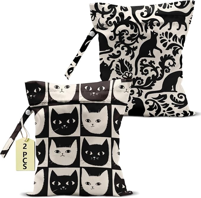 Cat Lover Gifts, 2Pcs Cat Print Wet Bags, Wet Dry Bag Reusable Zipper Pouch for Swimsuit, Diapers, Beach, Dirty Yoga Gym Clothes, Toiletries, Waterproof Birthday Christmas Gifts