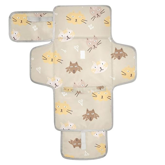 Portable Diaper Changing Pad Travel Baby Changing Mat Waterproof Diaper Changing Mat Foldable Lightweight Baby Changer with Built-in Pillow Cat Faces Brown