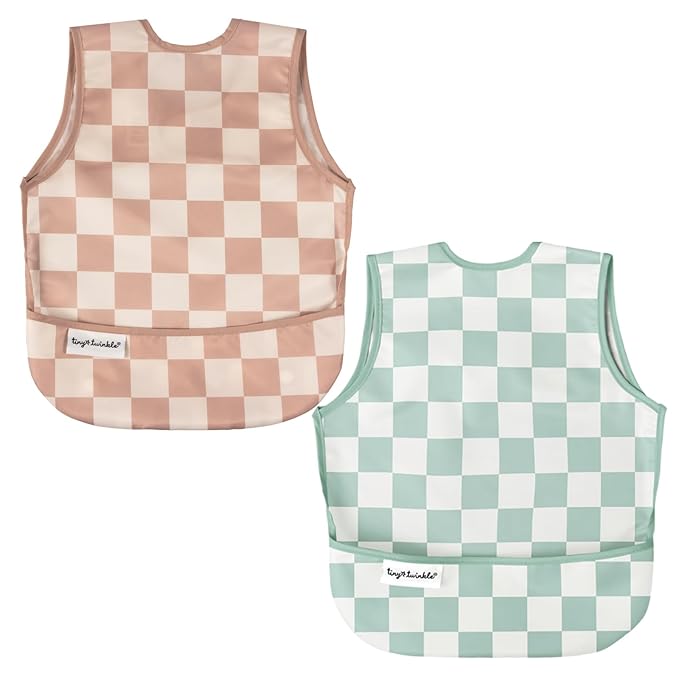Tiny Twinkle Mess Proof Baby Bibs | 2 Pack Waterproof Toddler Bib for Eating | Baby Apron for Feeding, Machine Washable, Perfect Shower Gift (Beige,Sage Checkers, 6–24M)