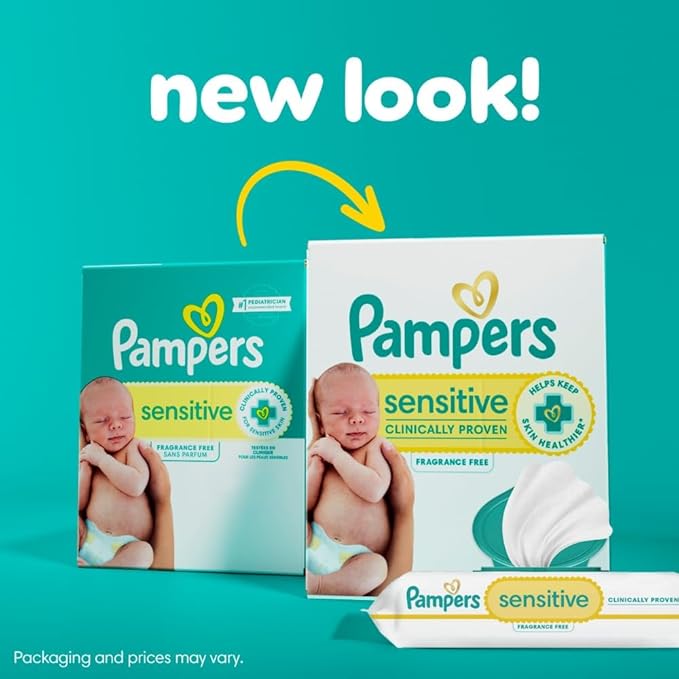 Pampers Sensitive Baby Wipes, Water Based, Clinically Proven, Hypoallergenic, and Unscented for Babies, 336 Wipes Total (6 Flip-Top Packs) [Packaging May Vary]