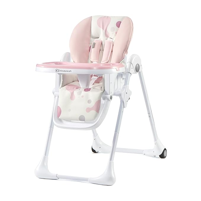Kinderkraft Highchair Yummy, Baby Chair, Ergonomic, Comfortable, Reclining, Foldable, with Ajustable Height, Footrest, Detachable Double Tray, for Toddler, from 6 Month to 3 Years, Pink