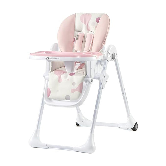 Kinderkraft Highchair Yummy, Baby Chair, Ergonomic, Comfortable, Reclining, Foldable, with Ajustable Height, Footrest, Detachable Double Tray, for Toddler, from 6 Month to 3 Years, Pink