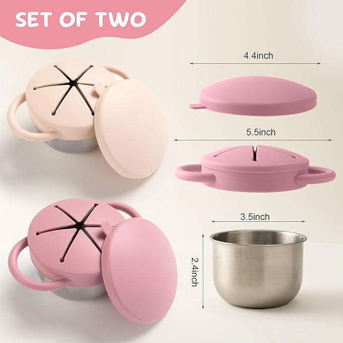 Bufilea 2 Pack Snack Containers for Toddlers, Stainless Steel Toddler Snack Cups with Silicone Food Catcher & Lids,Snack Cups for toddlers Spill Proof