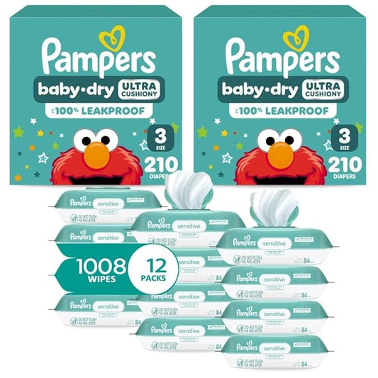 Pampers Baby Dry Disposable Baby Diapers Size 3, 2 Month Supply (2 x 210 Count) with Sensitive Water Based Baby Wipes 12X Multi Pack Pop-Top and Refill (1008 Count)