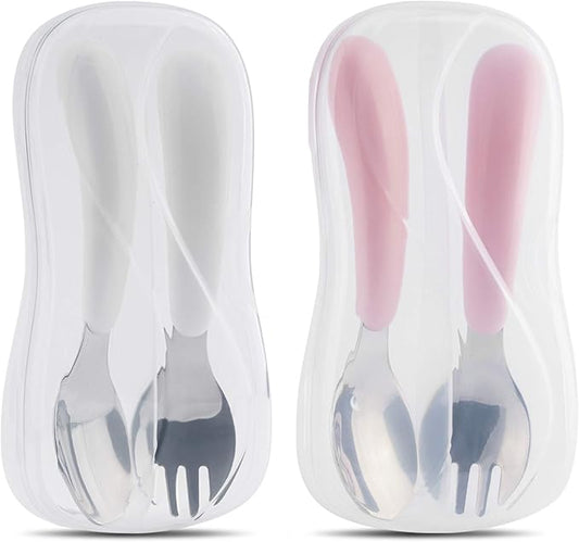 Kirecoo 2 Set Toddler Utensils, Toddler Forks and Spoons, Stainless Steel kids Silverware Set, Designed for Self Feeding Flatware Utensils with Travel Carrying Cases BPA Free (White & Pink)