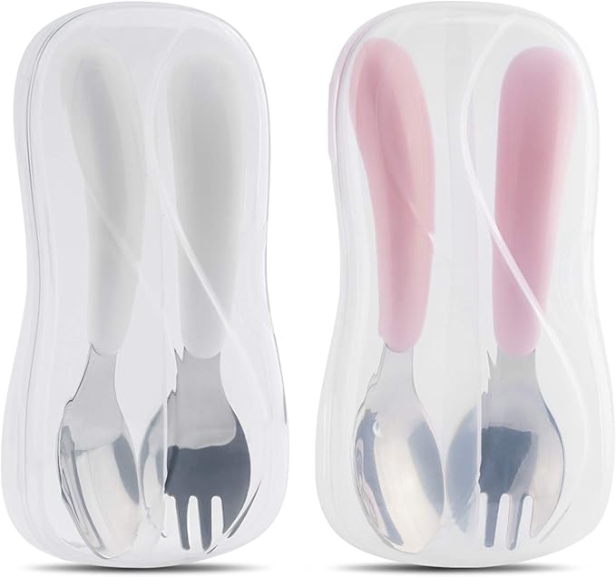 Kirecoo 2 Set Toddler Utensils, Toddler Forks and Spoons, Stainless Steel kids Silverware Set, Designed for Self Feeding Flatware Utensils with Travel Carrying Cases BPA Free (White & Pink)