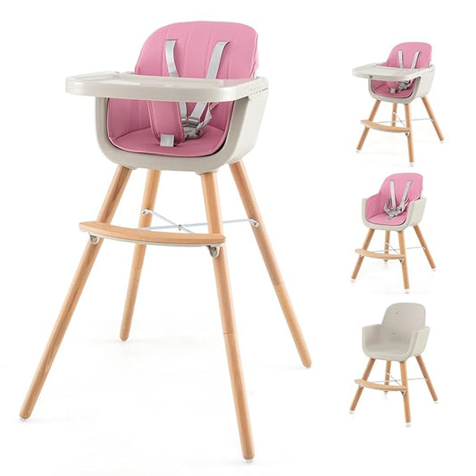 HONEY JOY Baby High Chair, 6-in-1 Eat & Grow Wooden Highchair/Toddler Chair with Removable Tray, 5-Point Harness, PU Cushion and Footrest, Convertible High Chair for Babies and Toddlers(Pink)