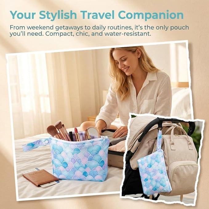 Waterproof Wet Bag with Wrist Strap, Reusable Zippered Pouch for Beach, Swim & Travel, Compact Cosmetic Toiletry Organizer Bag, 7.9 * 9.5 * 2 inches