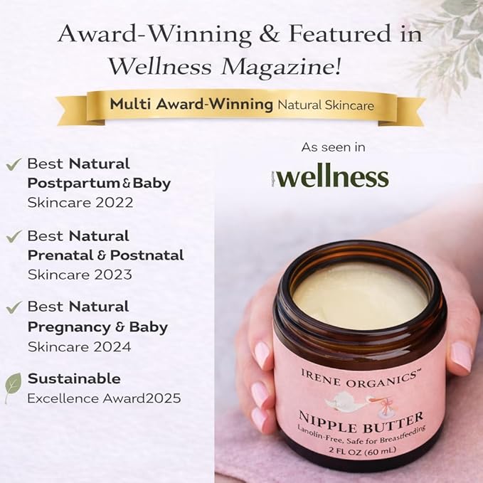Irene Organics Organic Nipple Balm – Lanolin-Free Nipple Cream for Breastfeeding Moms – Natural Relief for Dry, Cracked Nipples – Safe for Nursing & Pumping, 2oz