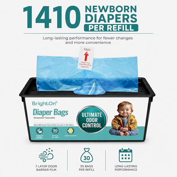 BrightOn® Diaper Pail Refill Bags, 30 Bags Per Refill, Compatible with Genie Easy Roll Signature Diaper Pails, Holds Up to 2820 Newborn Diapers, Real 7 Layer Odor Barrier, Lemon Scent, 2PACK (60 Bags)