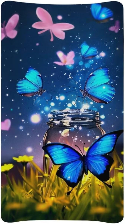Heart Blue Butterfly Changing Pad Covers Waterproof Diaper Change Table Covers, Stretchy Change Sheet Fit for Most Change Pad Easy to Clean