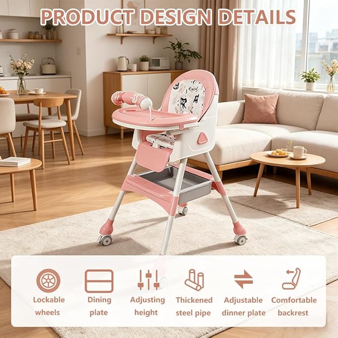 4-in-1 Baby High Chair for Babies & Toddlers, Foldable High Chair with Detachable PU Cushion, Removable Tray, Adjustable Height,Pink