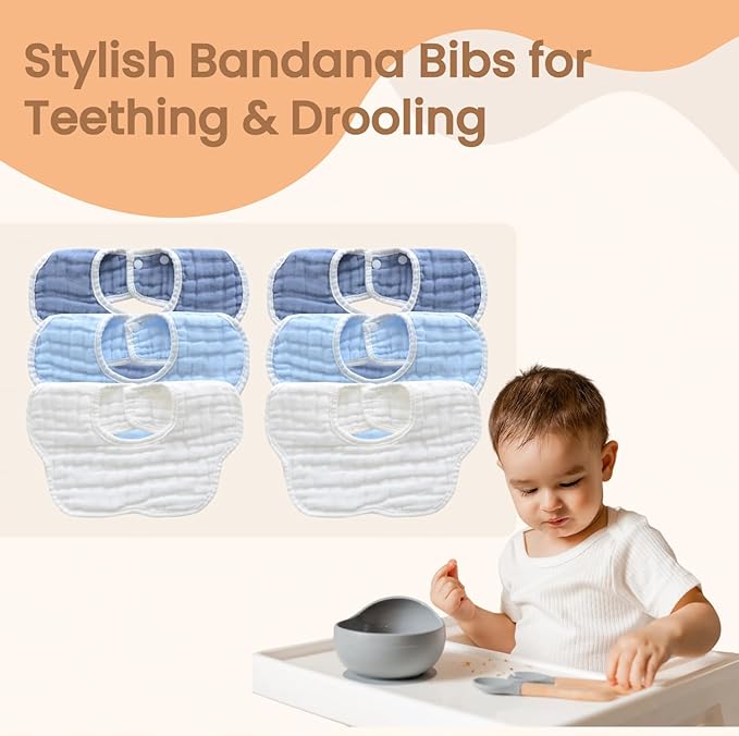 MUKIN Soft Cotton Muslin Baby Bibs 6 Pack | Adjustable Snap Closure for Newborns| Absorbent for Drooling, Teething & Feeding