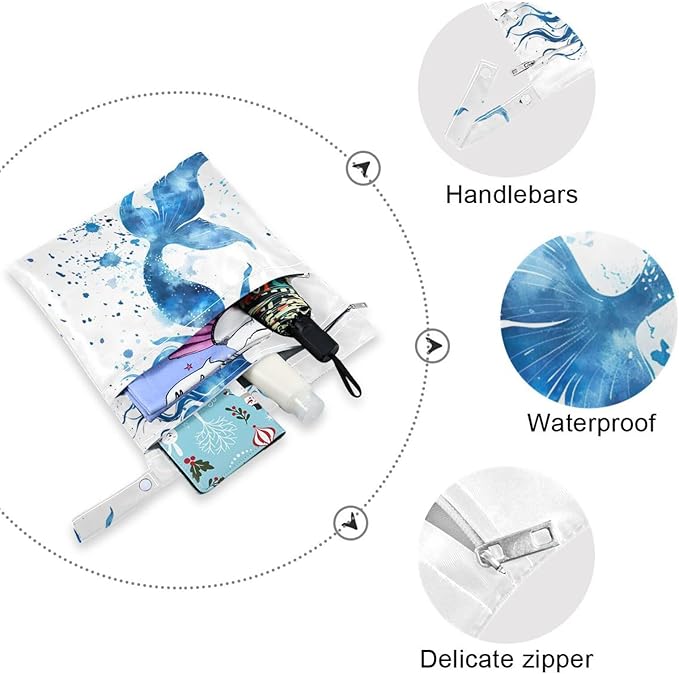 Watercolor Blue Mermaid Wet Dry Bag for Baby Cloth Diaper Waterproof Reusable Travel Wet Bag with Two Zippered Pockets for Swimsuits, 2 Pcs