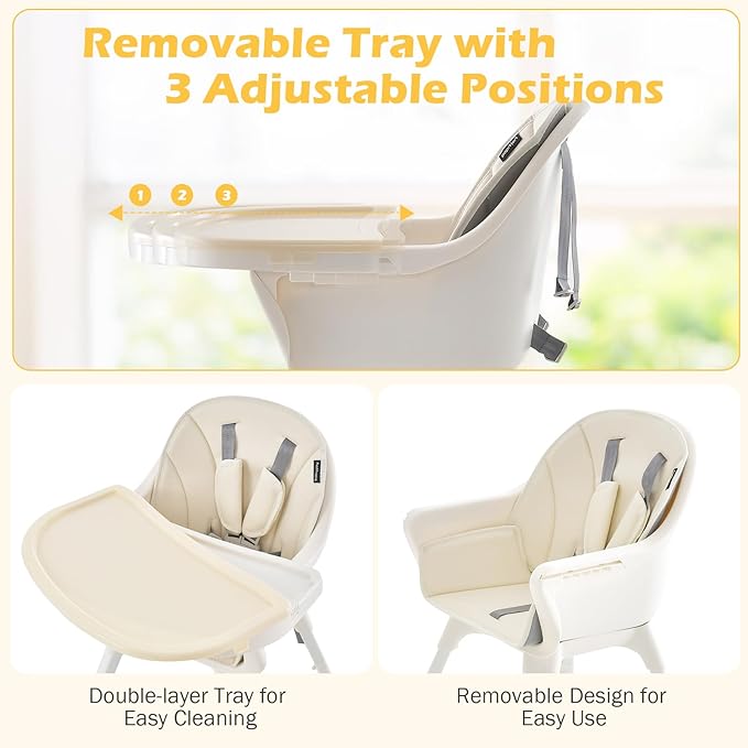 BABY JOY 7 in 1 Baby High Chair, Convertible High Chairs for Babies and Toddlers, Building Block Table, Toddler Chair with Adjustable Legs, Removable Tray, Storage Basket, Safety Harness (Beige)