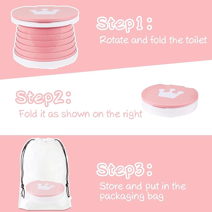 Portable Potty Seat, Toddler Folding Training Toilet Chair Kids Travel Foldable Potty Indoor Outdoor with Storage Travel Bag Pink
