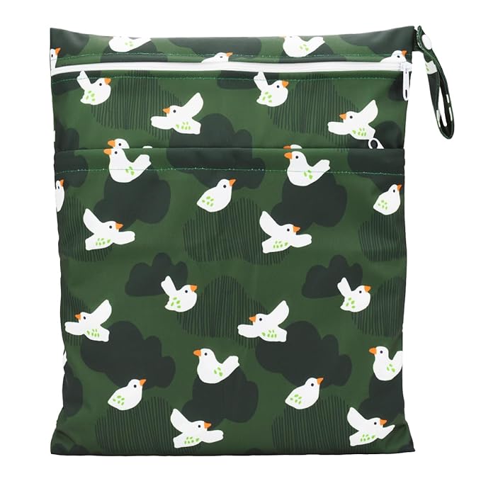 Wet Dry Bag Baby Cloth Diaper Nappy Reusable Washable With Two Zippered Pockets (Birds Green Clouds)
