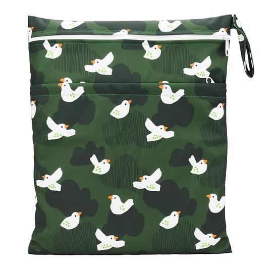 Wet Dry Bag Baby Cloth Diaper Nappy Reusable Washable With Two Zippered Pockets (Birds Green Clouds)