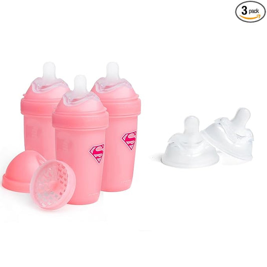 Supergirl DC Comics - Herobility Double Anti-Colic Baby Bottles – 8.5 fl oz/240ml – 3-Pack & Medium Silicone Nipples – Pack of 3