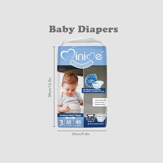 Minime Baby Diapers - Size 3 (13-24 lbs), Medium, 46 Count, Premium Ultra Soft Disposable Baby Diapers, Hypoallergenic, Fragrance Free