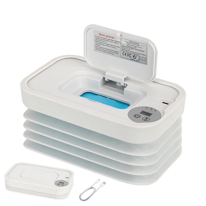 Wet Wipes Warmer, Wipe Warmer Cordless with 3 Adjustable Temperature, Foldable Portable USB Wipe Heater and Dispenser, Digital Display Space Saving Wipe Warmer with Lid for Home Outdoor Travel (White)