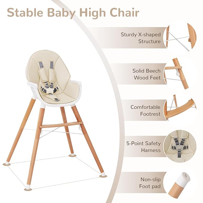 HONEY JOY Baby High Chair, Eat & Grow Beech Wooden Highchair for Babies and Toddlers, Removable Double-Layer Food Tray, 5-Point Harness, PU Cushion and Footrest for Infants Boys Girls (Beige)