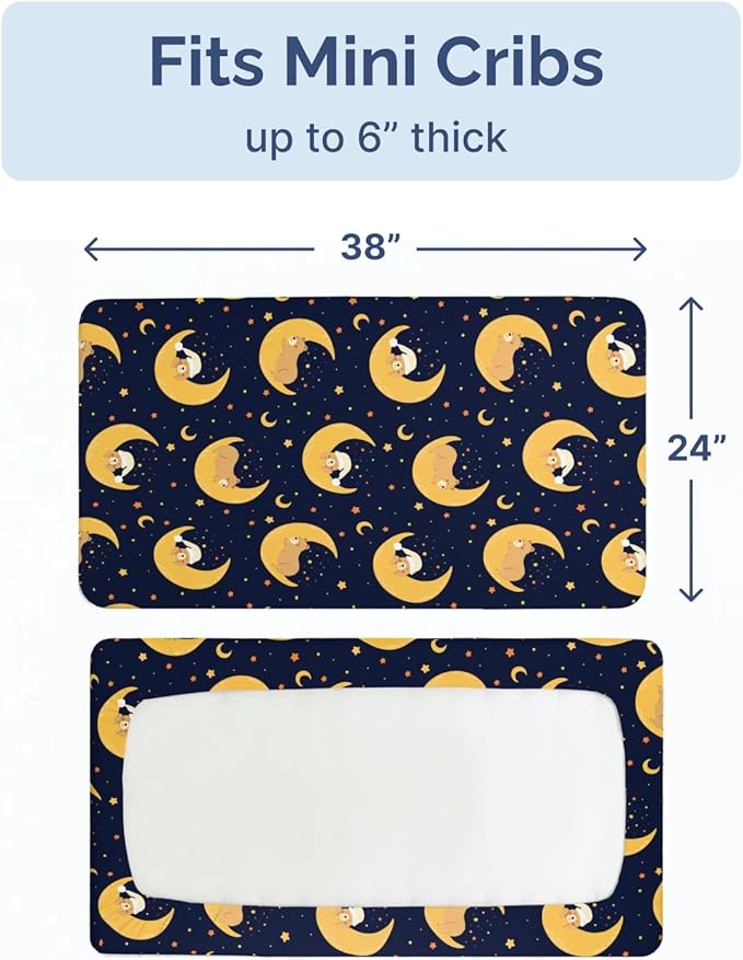 2-Pack Mini Crib Sheets Fitted - Pack N Play Sheets for Pack and Play Mattress - Stretchy Soft Microfiber Playard Bedding - Mini Toddler Bed Cover for Boys & Girls - Oeko-Tex - 38 x 24in, Moon Bear