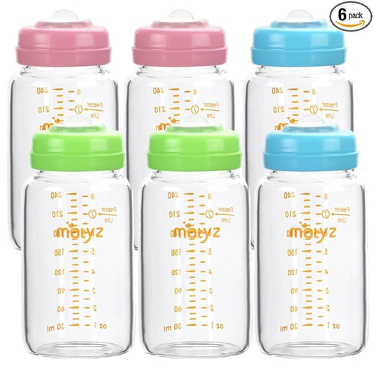 Matyz Glass Breastmilk Storage Bottles, 6 Pack, 8 oz, Compatible With Spectra Medela Breast Pump - Freezer Safe Storage Bottles Set - Wide Mouth Breastmilk Storage Containers - BPA Free (3 Color Lids)