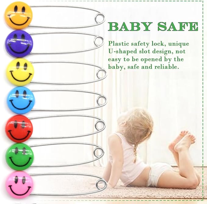 30 PCS Safety Pin 53mm/2.1in Baby Diaper Pins for Cloth Plastic Head Baby Pins for Diapers Stainless Steel Cloth Pins with Locking Closures Nappy Pin for Crafts（DT/Colour Smile）
