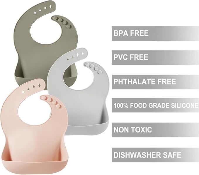 PandaEar 3 Pack Silicone Bibs for Babies Toddlers Girls Boys| Adjustable Waterproof BPA Free Soft Durable Bibs for Eating with Large Pocket Food Catcher